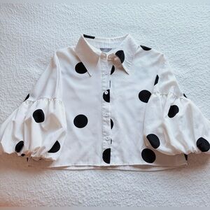 Polka Dot Puff Sleeve Button-Down Shirt - White/Black